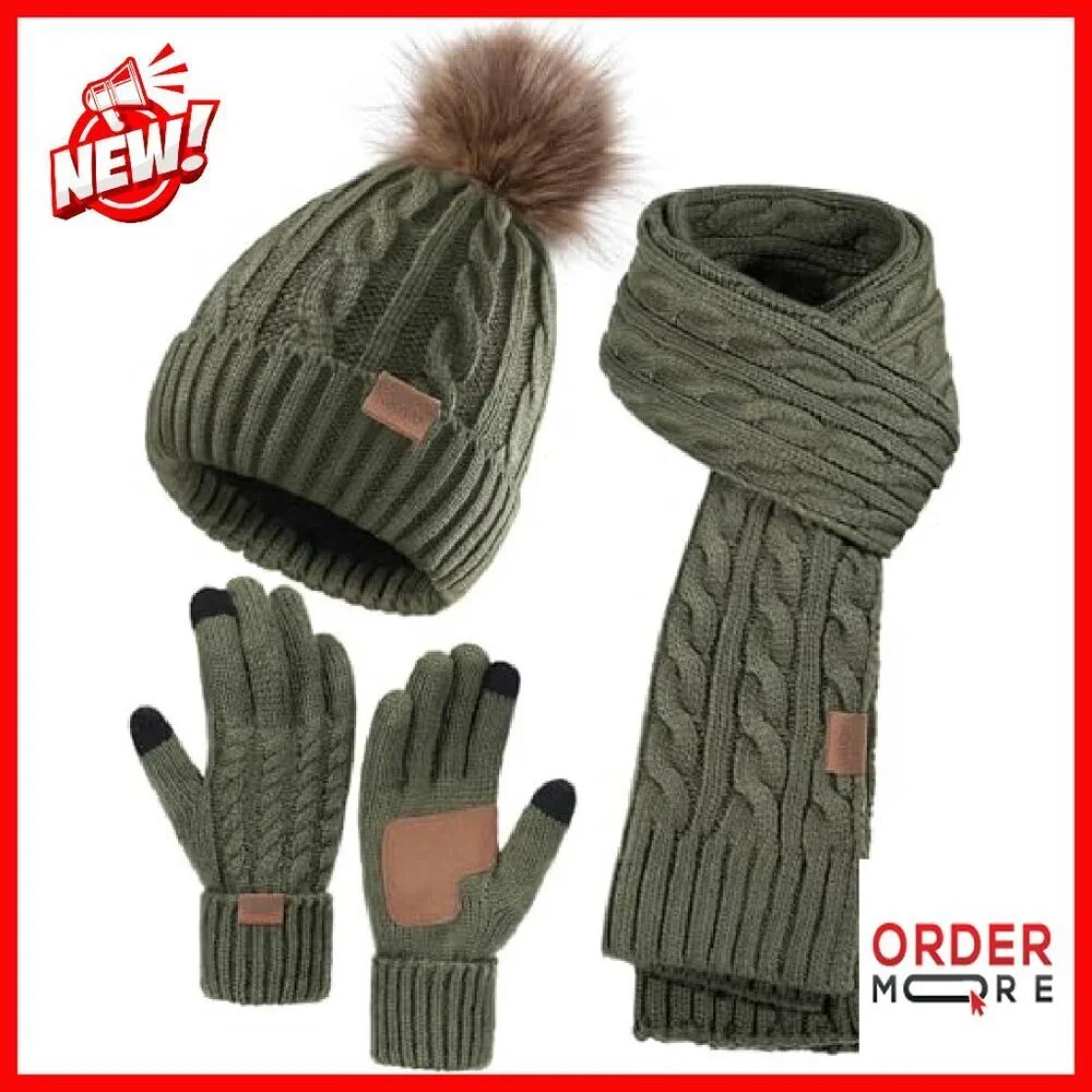 3-Piece Winter Set: Beanie, Scarf, Touchscreen Gloves - Acrylic